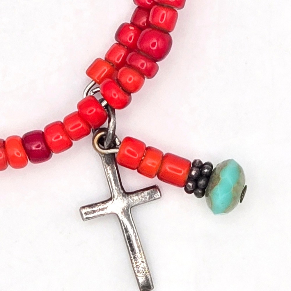 Red Seed Bead Sterling Silver Cross Charm Wire Wrap Bracelet‎ Turquoise Glass